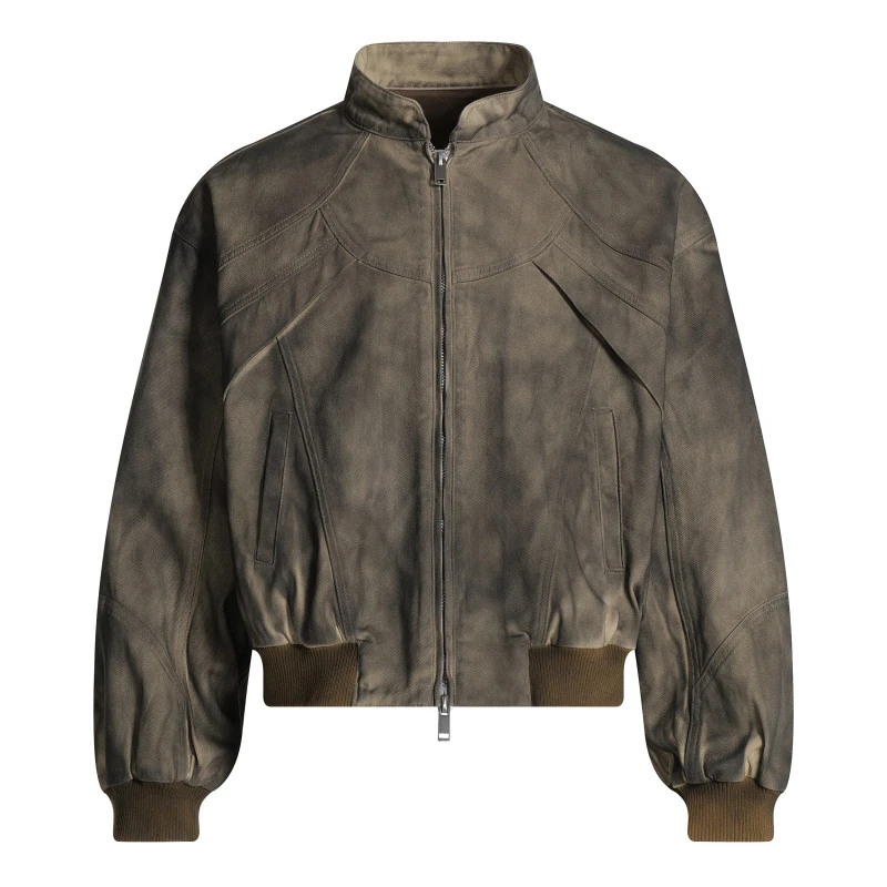 美式街头个性复古做旧水洗脏色扎染拼接裁剪立领夹克外套中性风秋