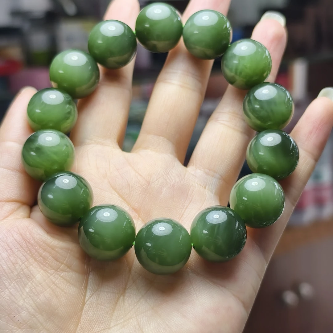 和田玉碧玉粉青猫眼手串16mm