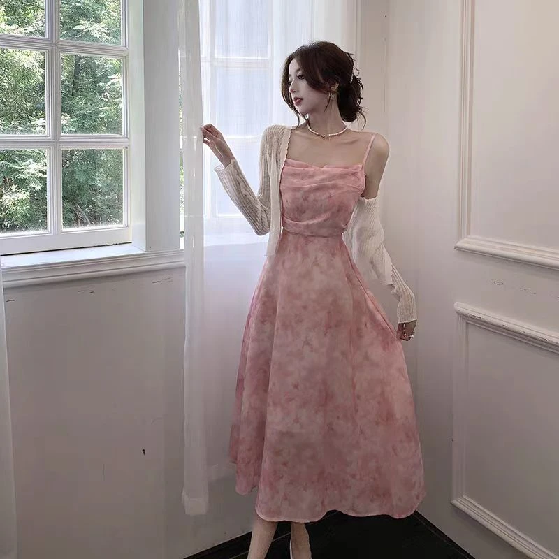 2025晕染荡领碎花吊带连衣裙两件套装女春夏法式超仙雪纺长裙