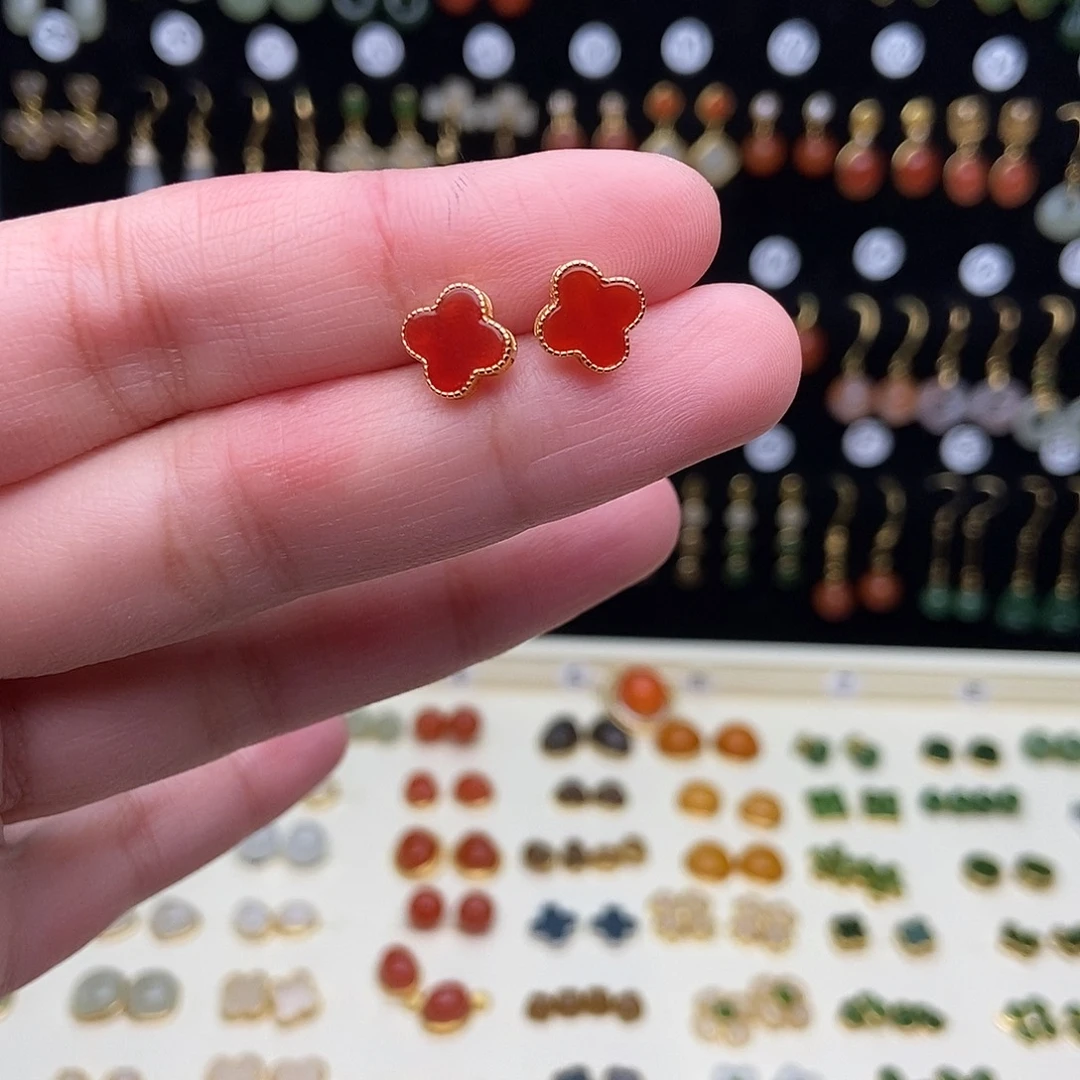 和田玉银S925镀金镶嵌耳饰