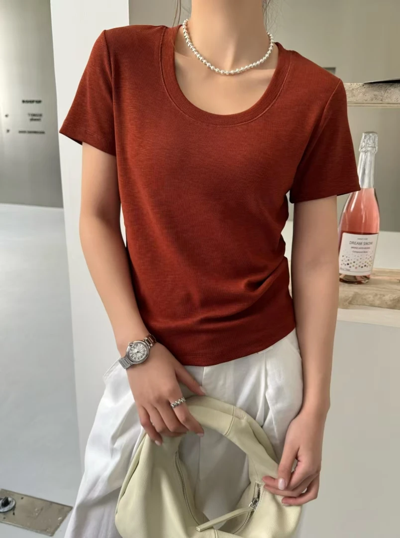 纯色褶皱螺纹短袖半袖短款（无备注不拍）