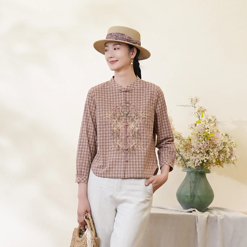 布符2025年春季新款立领花扣刺绣衬衫色织提花格子圆补绣MQCX46