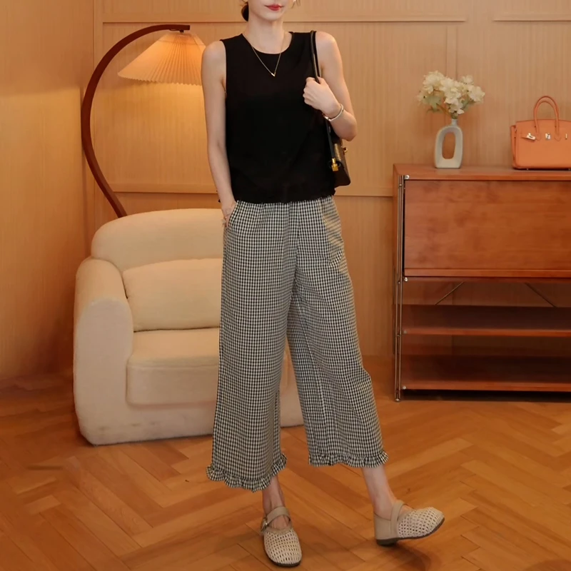 设计感抽褶木耳边马甲裤子套装女夏减龄显瘦无袖上衣格子裤两件套