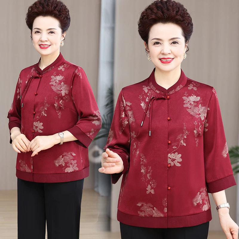中老年人女装春装衬衫新中式国风奶奶开衫上衣喜妈妈喜婆婆衣服