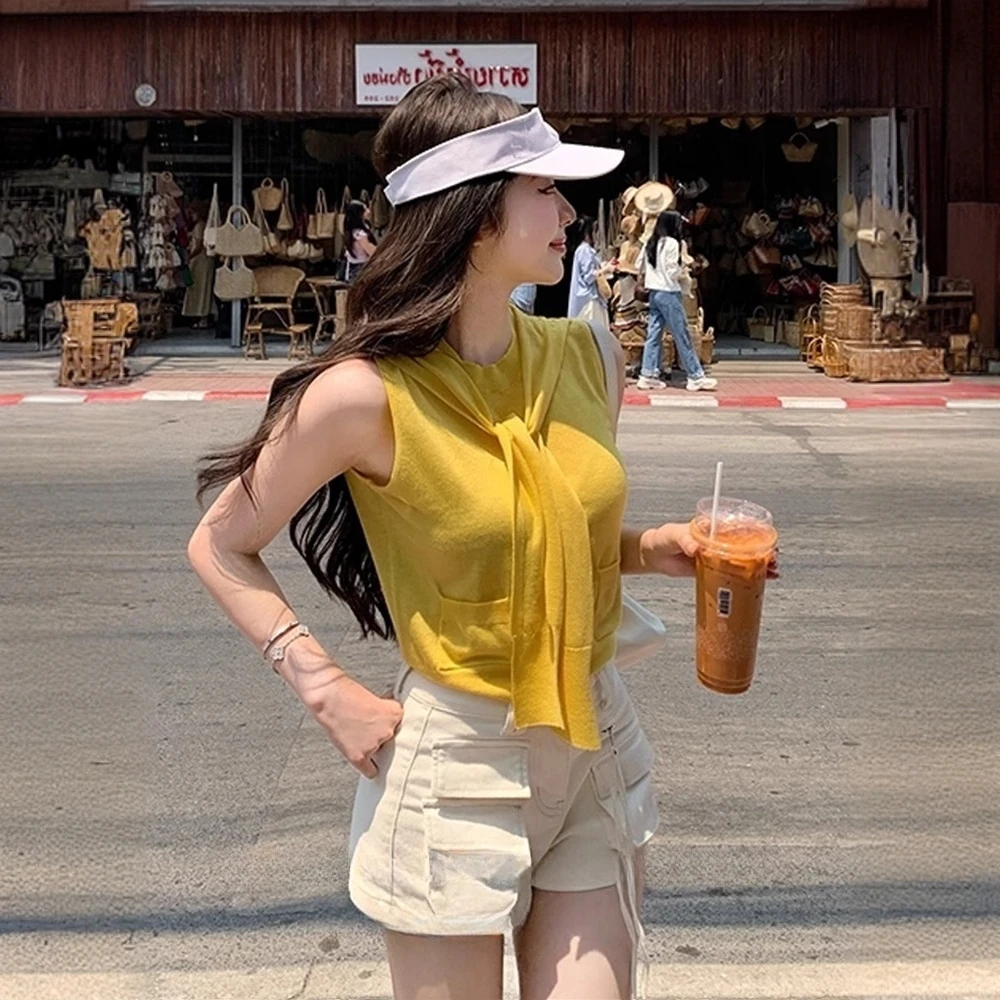 独特超好看白色短袖针织衫女交叉绑带设计感夏日绝美短款无袖背心