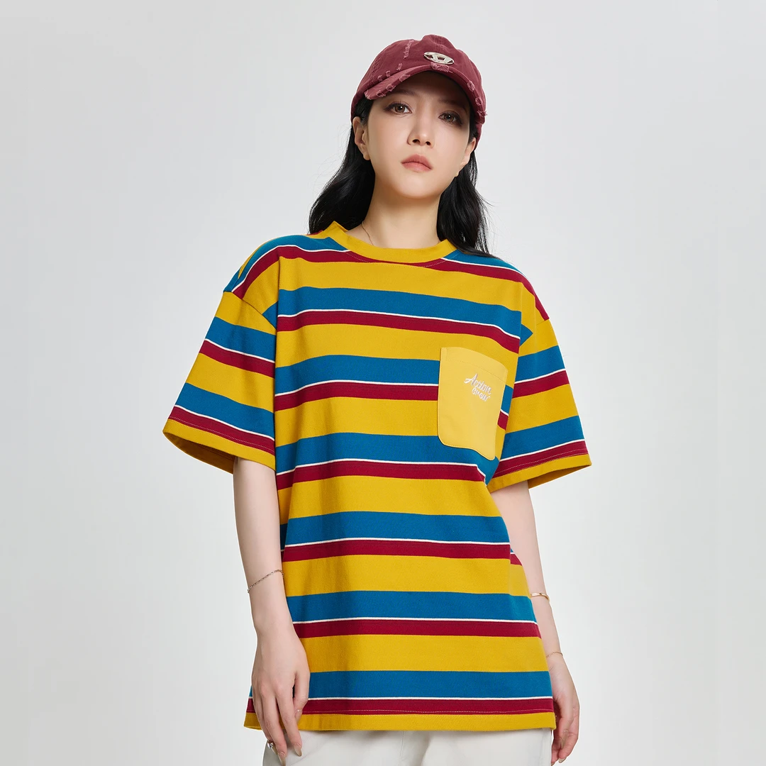 撞色美式设计口袋刺绣条纹休闲宽松慵懒减龄T桖落肩情侣款短袖T恤