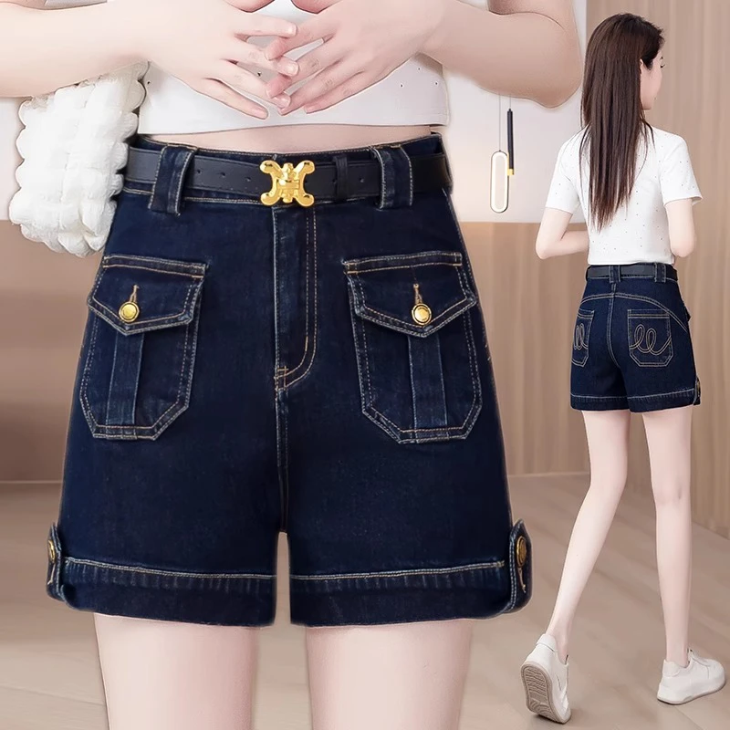 深蓝色工装牛仔短裤女夏季2025新款设计感高腰显瘦外穿直筒热裤子