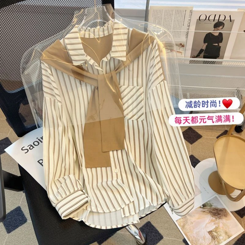 假两件竖条纹衬衫女2025年春季新款女装宽松翻领别致款长袖上衣潮