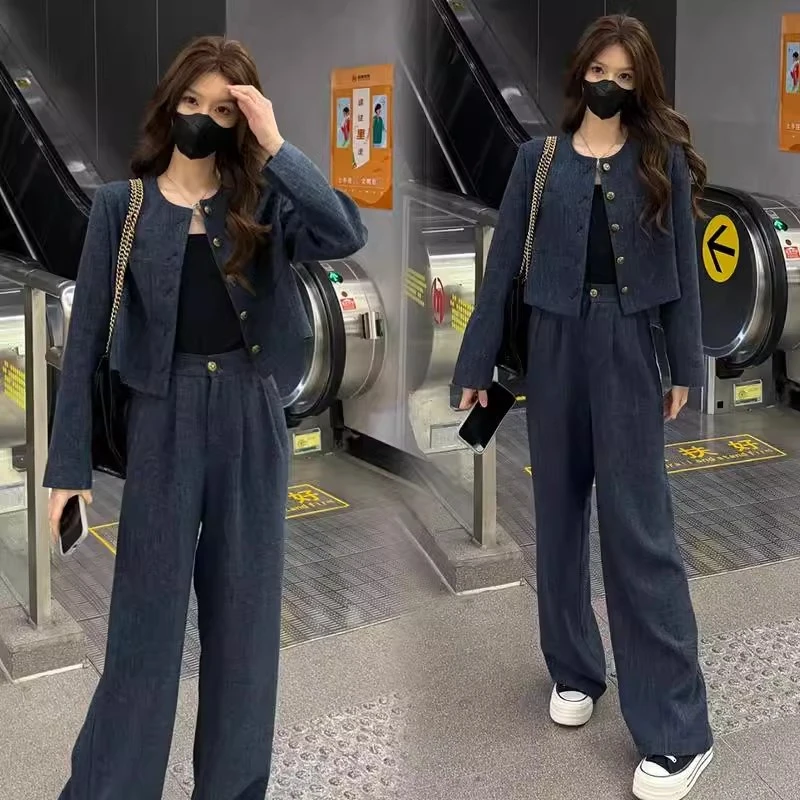 2025春季时尚气质遮肉上衣外套女显瘦两件套休闲洋气直筒裤套装女