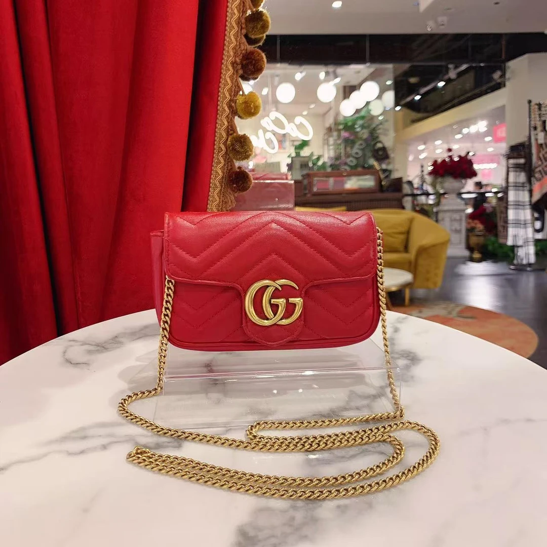 95新 GUCCI/古驰 GGS马蒙supermini红色金扣牛皮单肩包 15871632