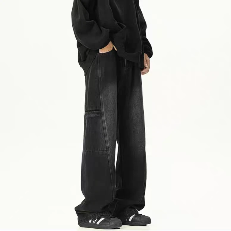 美式高街复古做旧水洗直筒牛仔裤男cleanfit宽松阔腿潮流长裤