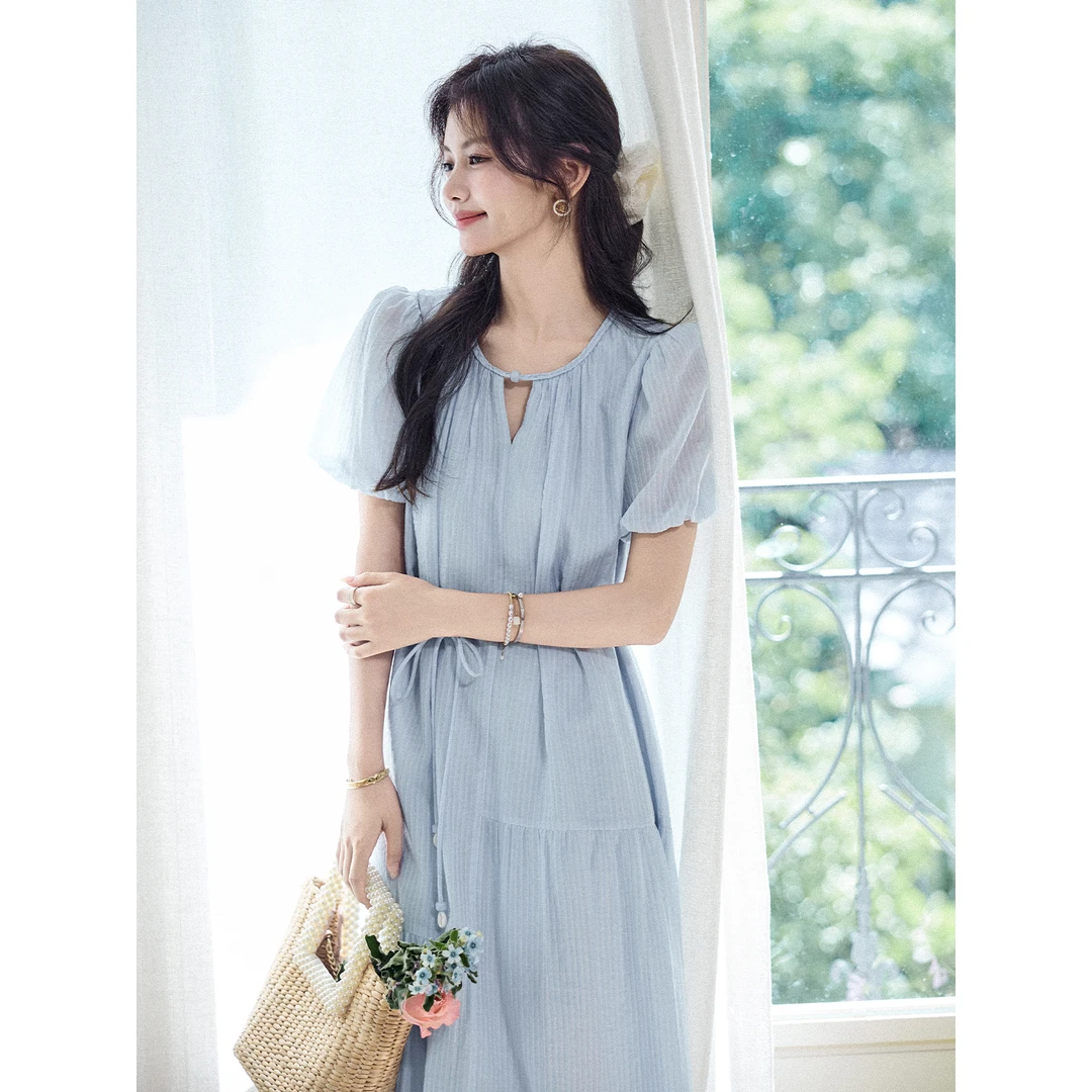 宿本【蓝色大海】气质连衣裙2025年夏季莱赛尔短袖裙子1520804LP