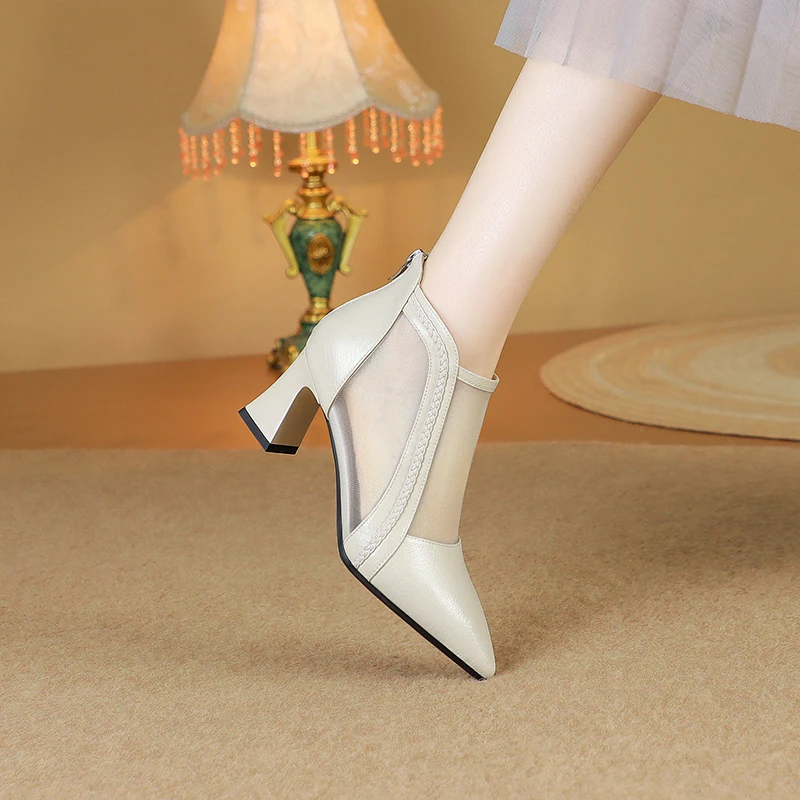SLM春夏季凉靴9082/牛皮33-41高跟粗跟尖头洋气舒适百搭网纱靴女