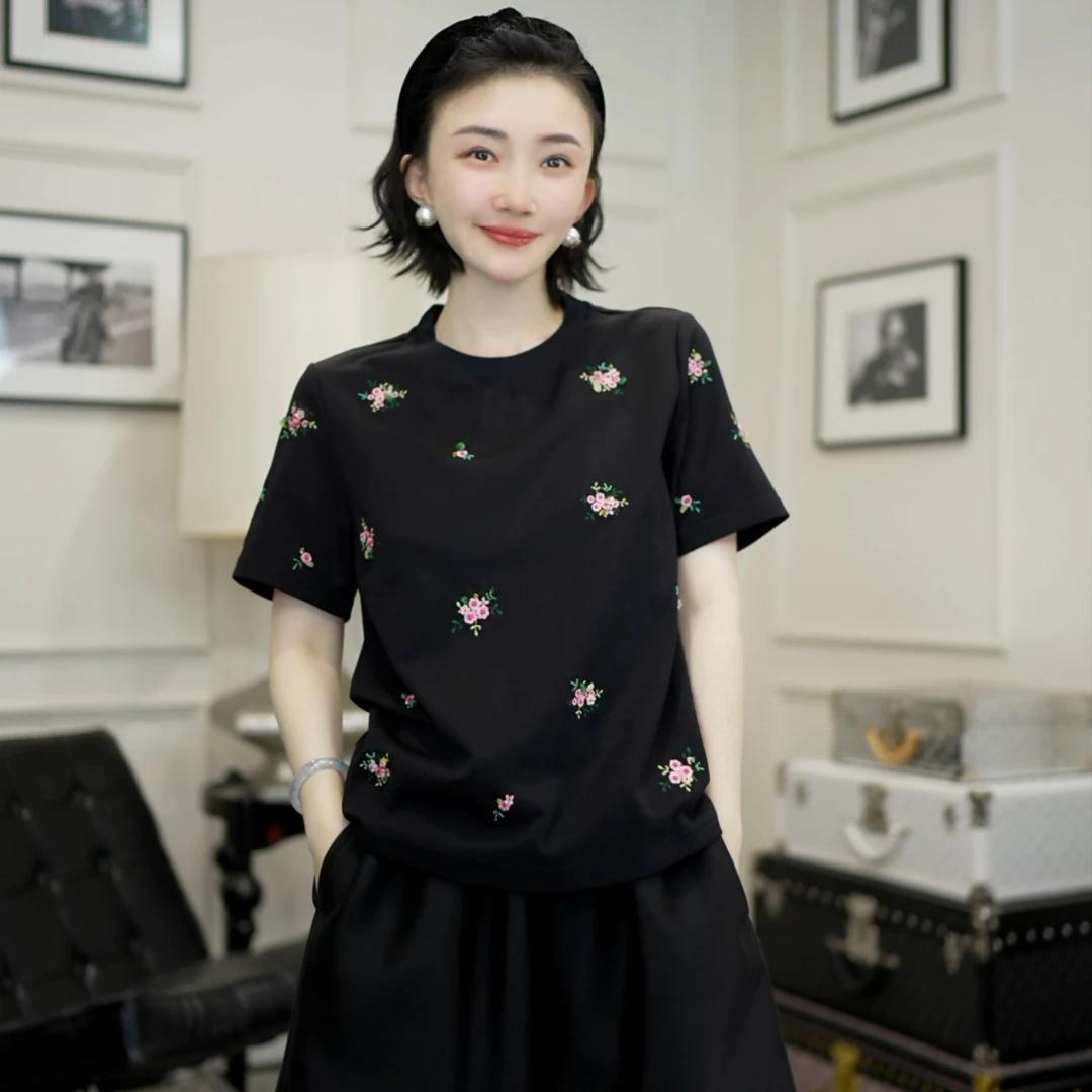 Betty Bairn【繁婳】新中式棉刺绣圆领T恤上衣25B-BW10297