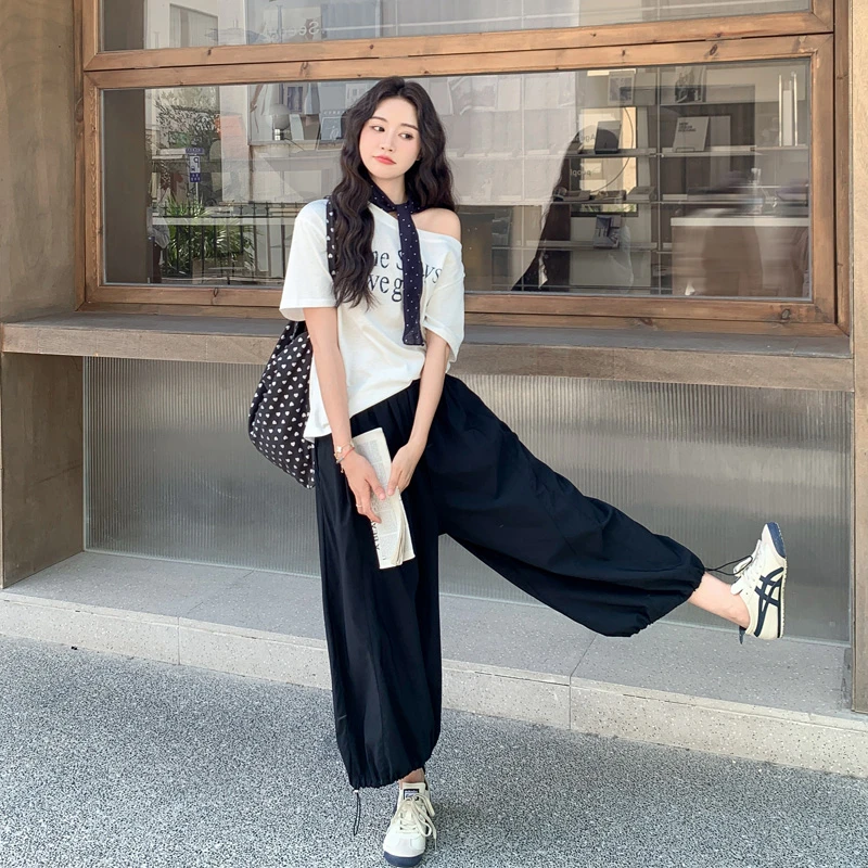 纯欲系露肩套装裤女2025夏季新款韩系松弛感T恤束脚阔腿裤两件套