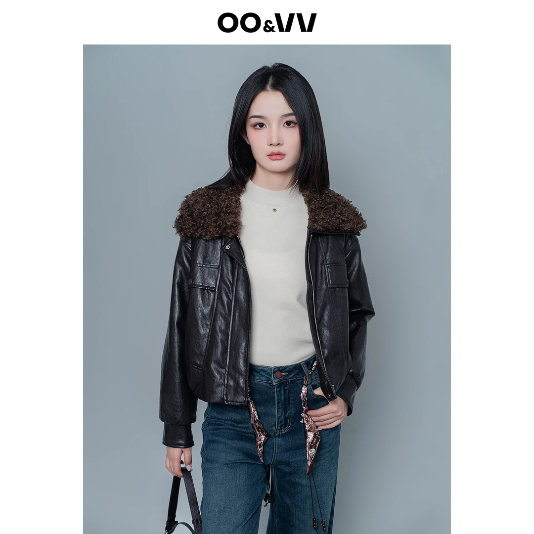 OO&VV潮流港风皮衣外套女2025秋冬加绒机车时尚大翻毛领夹克上衣