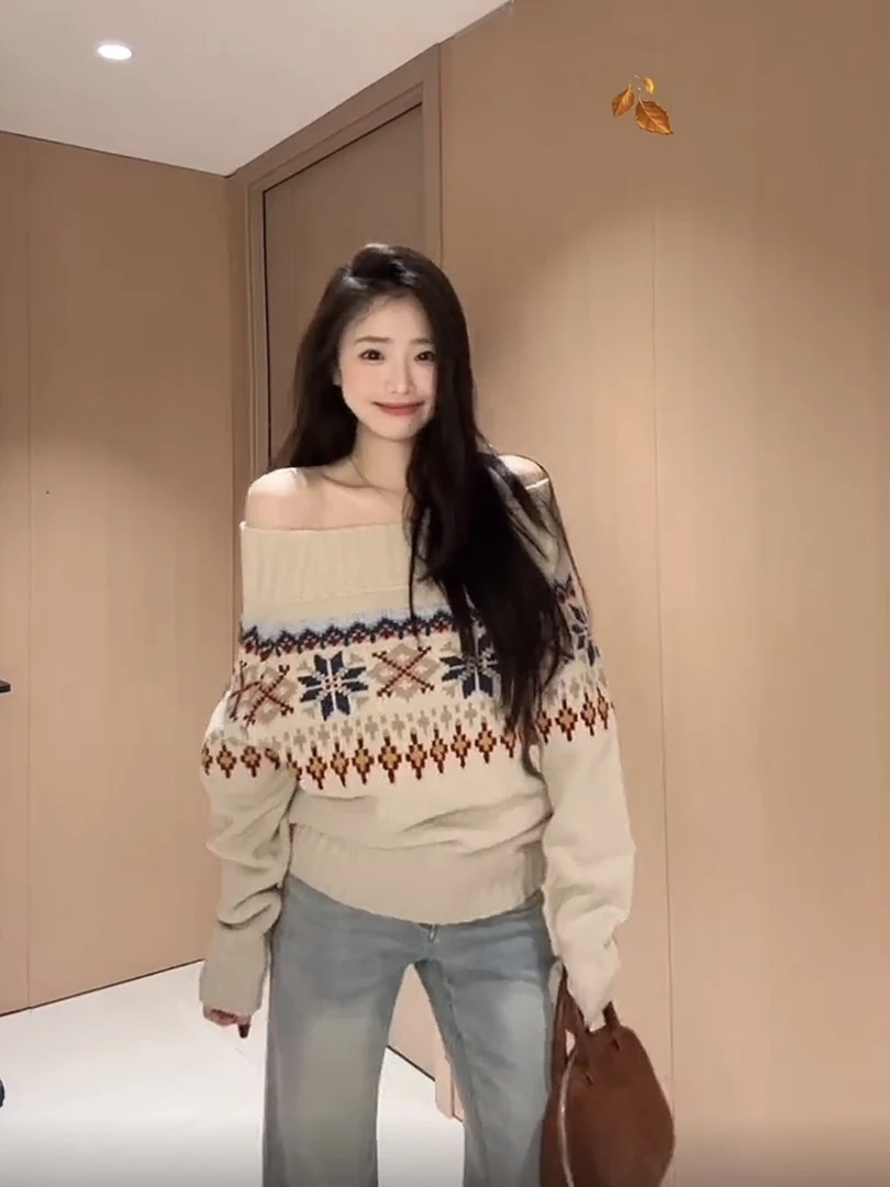 复古费尔岛提花一字肩宽松厚实秋冬新款百搭时尚毛衣气质长袖上衣