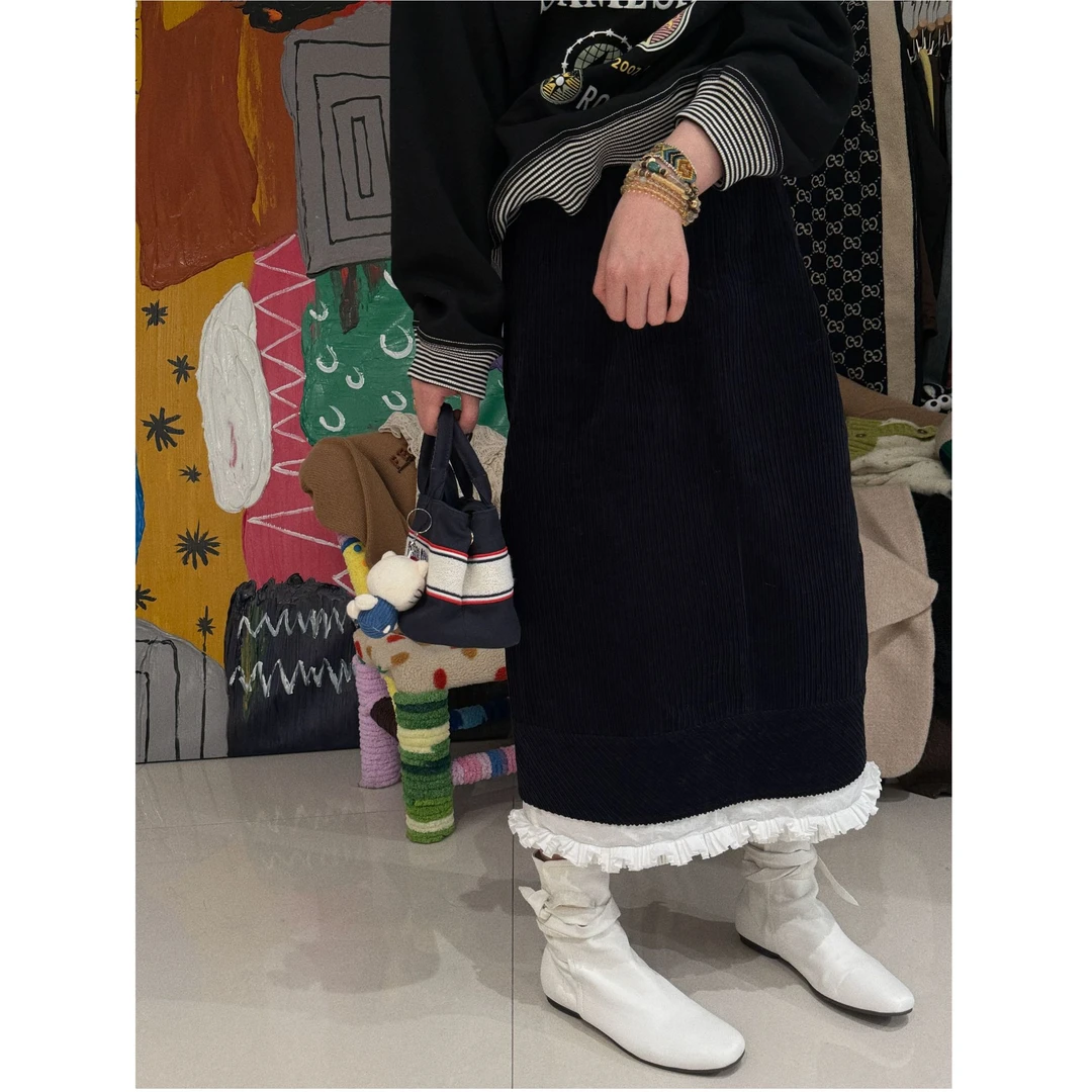 【藏青色拼接灯芯绒半裙】可拆卸藏青色灯芯绒半裙 J24B573