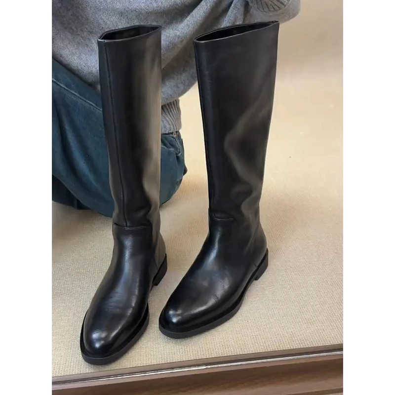 牛皮版！黑色长筒靴女款时尚百搭胖MM黑色直筒靴不累脚粗跟骑士靴