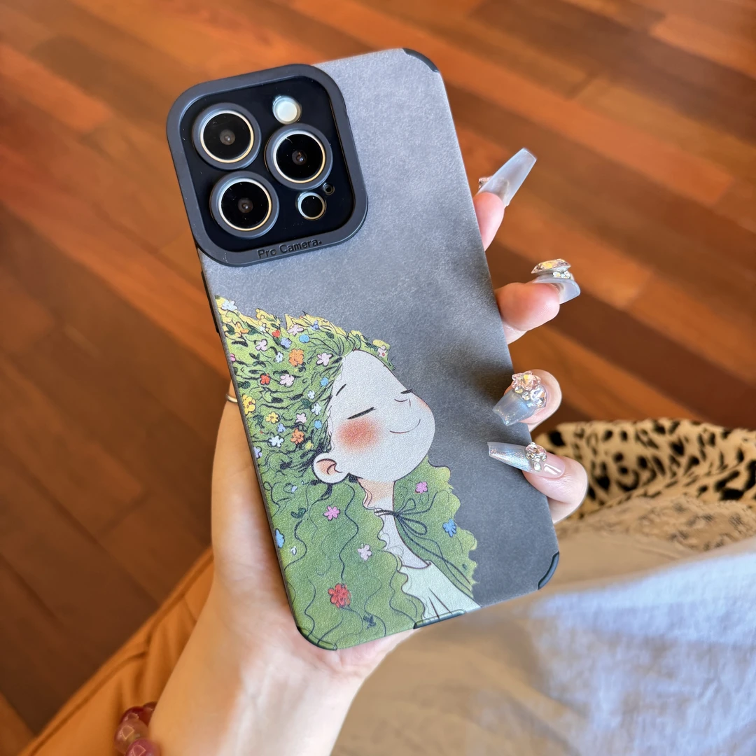 森林女孩手机壳适用苹果16华为OPPOvivo小米15复古全包贴皮软壳