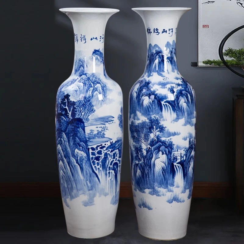 景德镇陶瓷器手绘青花山水瓷落地大花瓶家居客厅酒店装饰品大摆件
