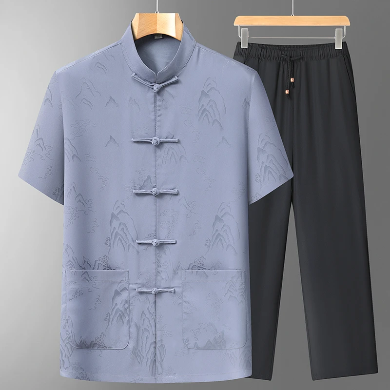 中国风唐装套装休闲男服装夏季中老年民族风短袖爷爷爸爸薄款两件