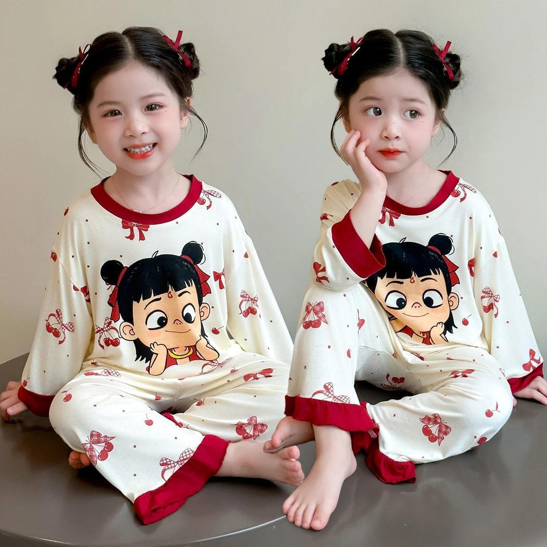 女童睡衣新款儿童长袖春秋款套装卡通可爱哪吒德绒花边家居服套装