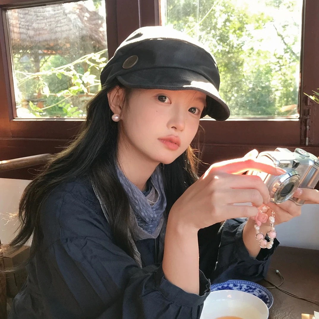 复古文艺纽扣贝雷帽子女秋冬新款休闲百搭时尚大头围显脸小报童帽