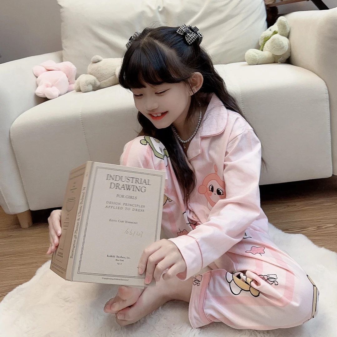 儿童睡衣女童长袖开衫春秋季套装卡通动漫宽松舒适女孩家居服秋天