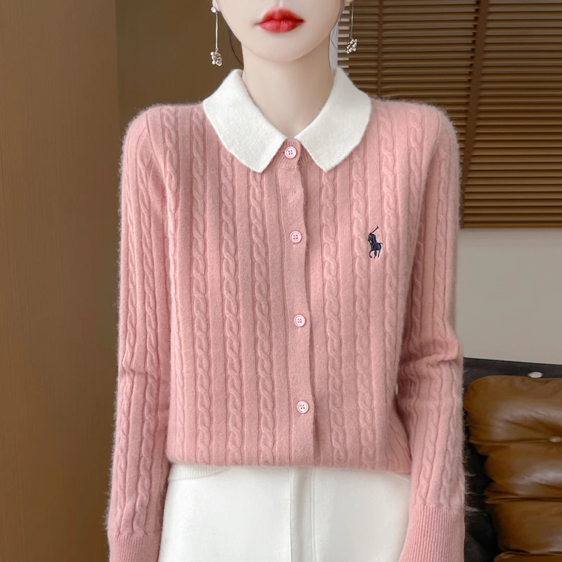 美者颜如玉~假两件翻领绞花女撞色羊毛开衫女针织外套毛衣刺绣