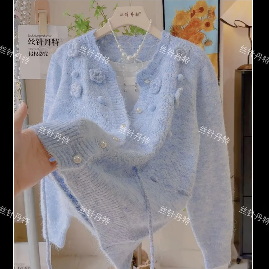 7腰绳法式立体花朵针织开衫秋季新款系带甜美百搭
