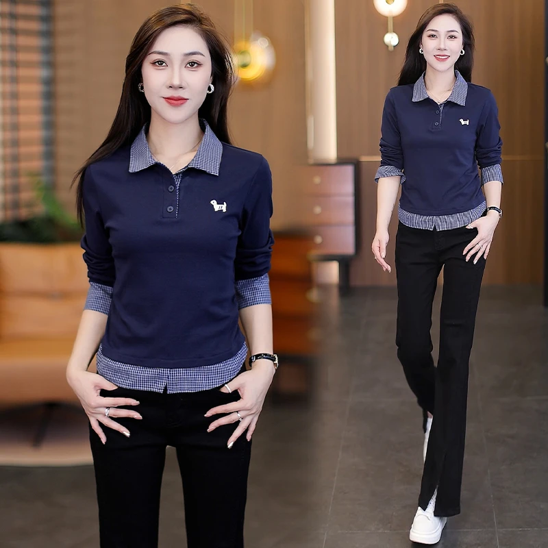 时尚韩版假两件拼接格纹长袖衬衫女2025春秋款设计感显瘦上衣潮