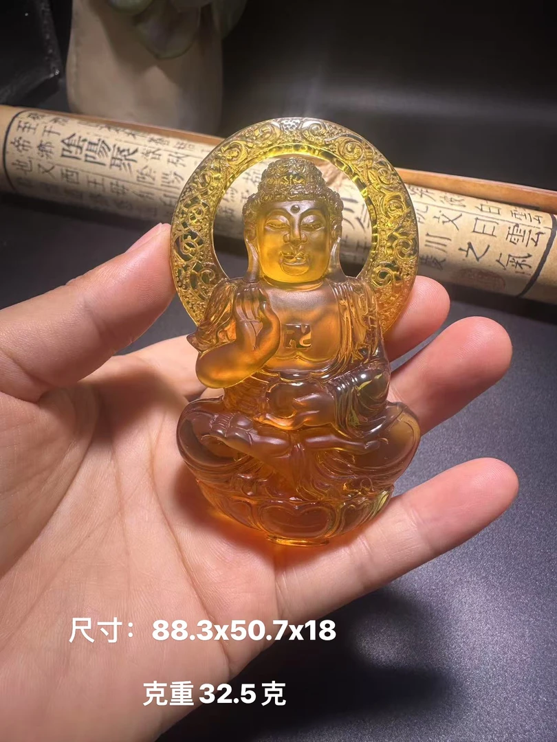 缅甸天然琥珀蓝珀立体雕刻阿弥陀佛吊坠