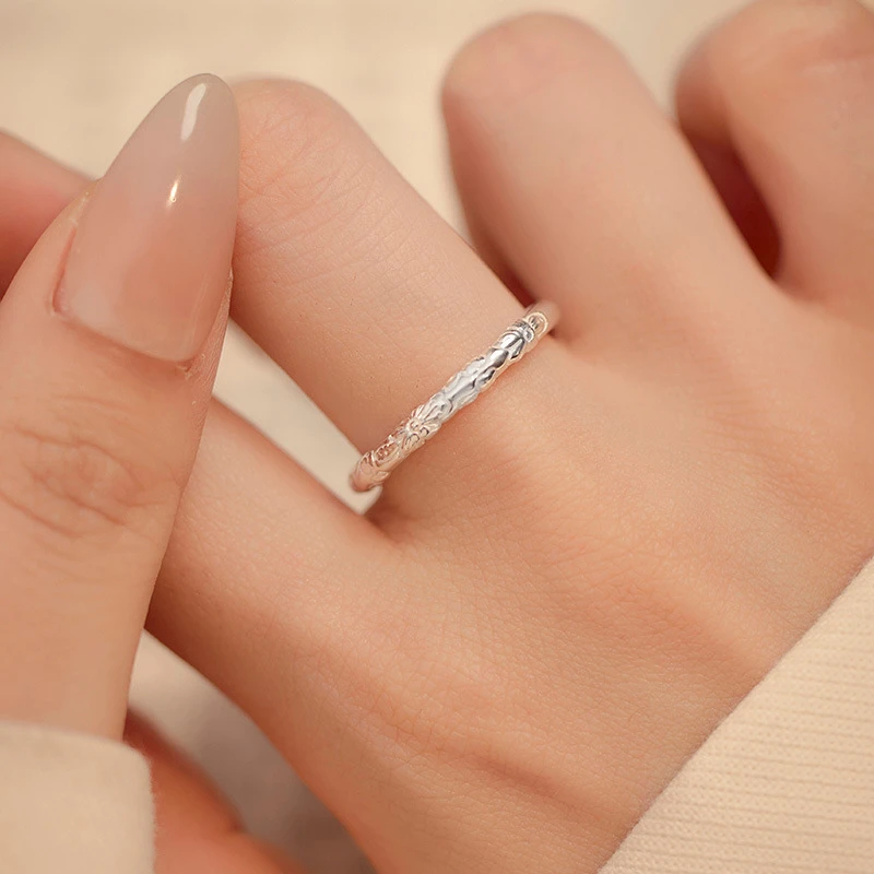 足银戒指 足银999手工小众樱花戒指精致复古浮雕素圈闭指环女款新