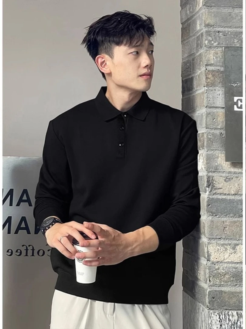 黑色Polo领长袖T恤男款成熟稳重男装打底杉上衣潮牌休闲翻领商务
