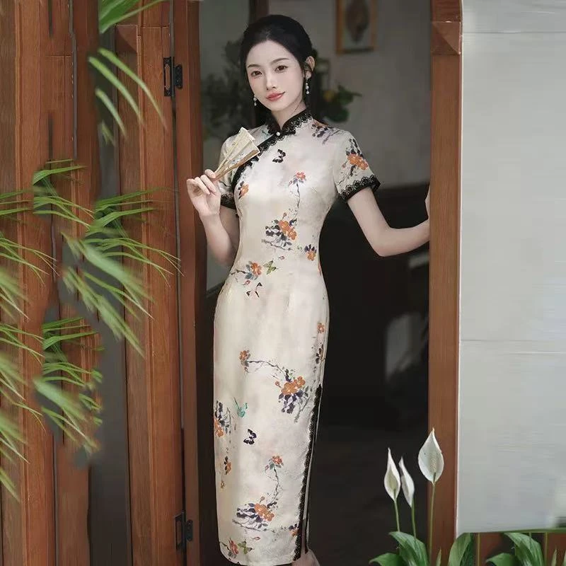 0803 米黄色 【墨蝶】黑蕾丝边 旗袍