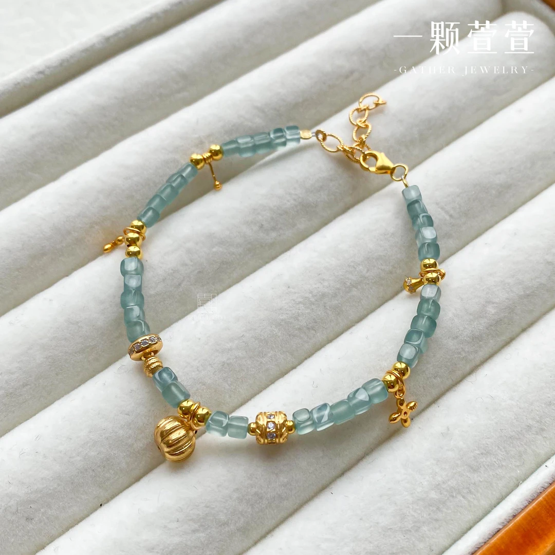 【海蓝碎石】一颗萱萱翡翠碎石南瓜银镶手链960025时尚简约