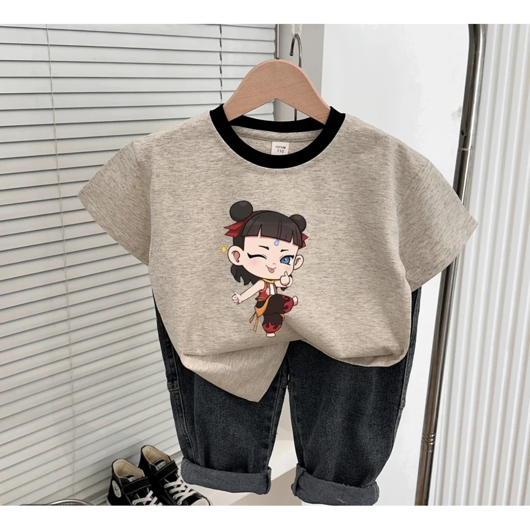 纯棉哪吒印花儿童夏季宽松男童短袖T恤拼接女童卡通半袖国潮上衣