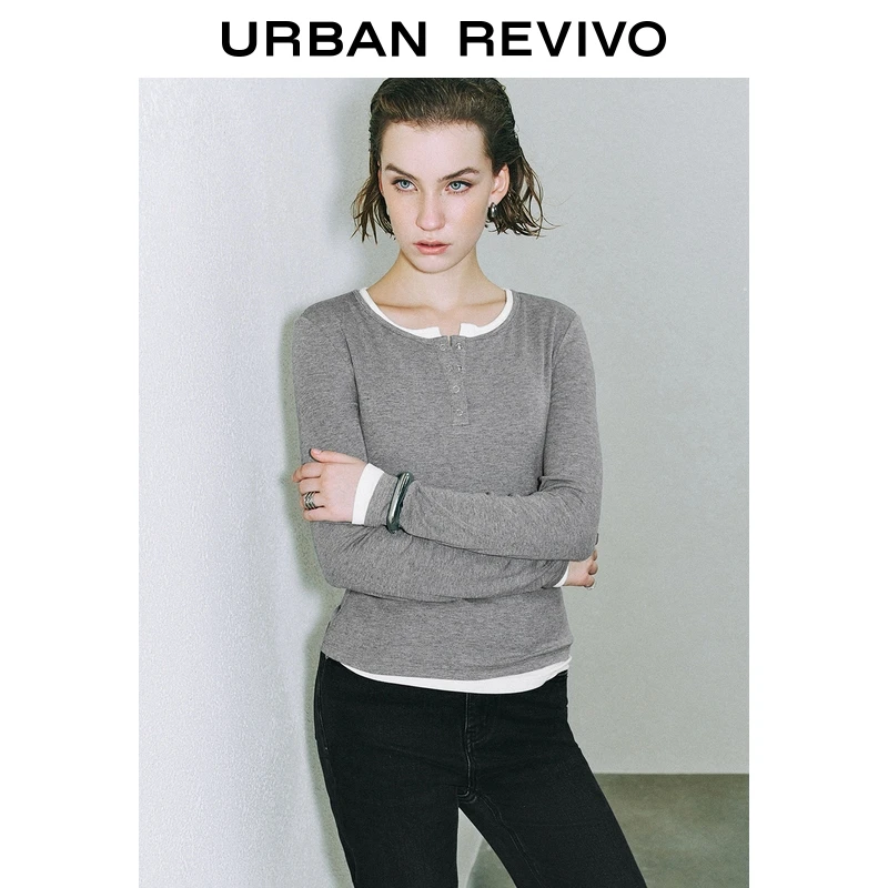 UR2025秋季新款女装简约休闲撞色领修身长袖T恤UYV450179+