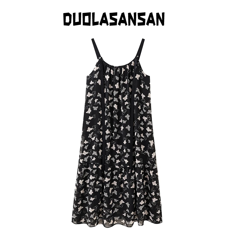 哆啦大码女装蝴蝶飞宽松遮肉吊带雪纺大码连衣裙525235