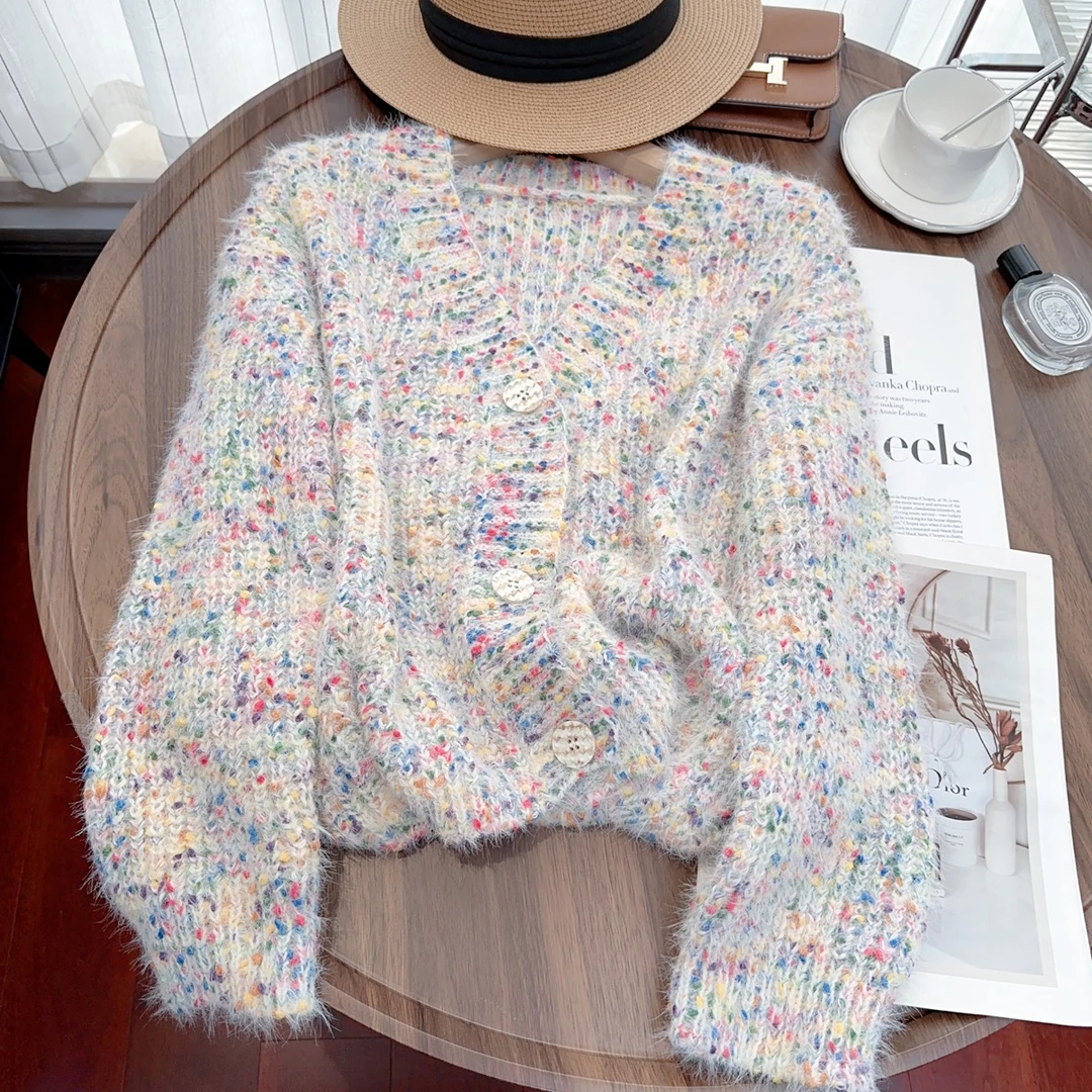 复古彩点毛衣外套女2025秋冬新款慵懒宽松软糯针织衫v领外套毛衣