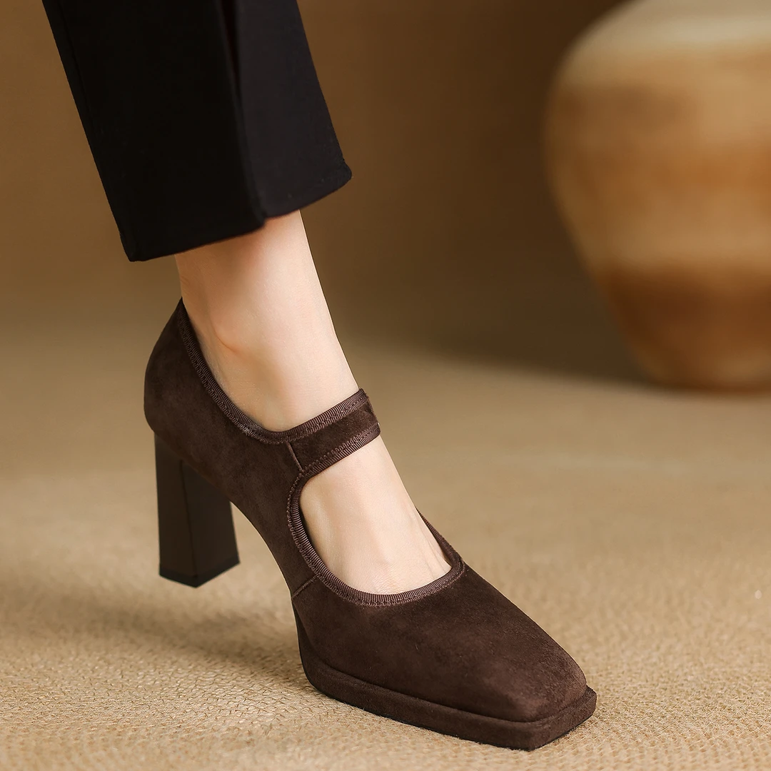 小个子手工女鞋8.5cm~法式玛丽珍鞋粗跟百搭黑色气质高跟鞋工作鞋