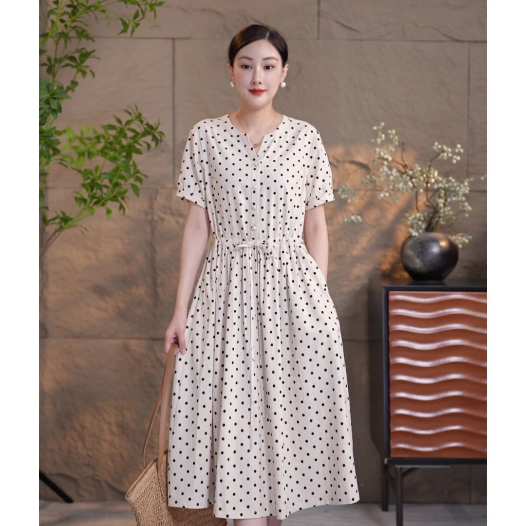 25019波点高腰法式收腰棉麻连衣裙女装法式裙子连衣裙