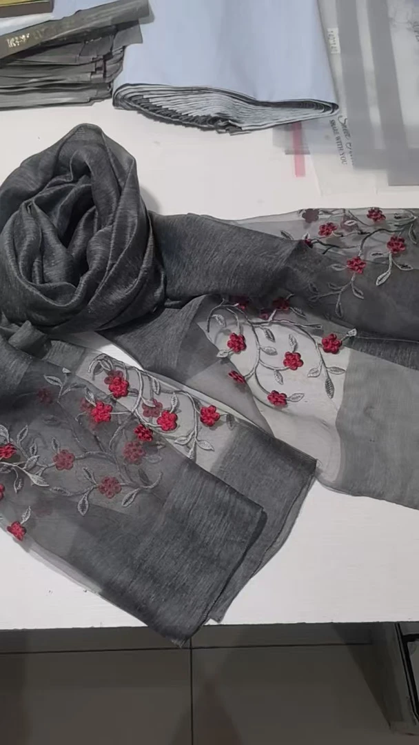 C348 黑色扎染 桑蚕丝羊毛刺绣丝巾围巾披肩75*190CM
