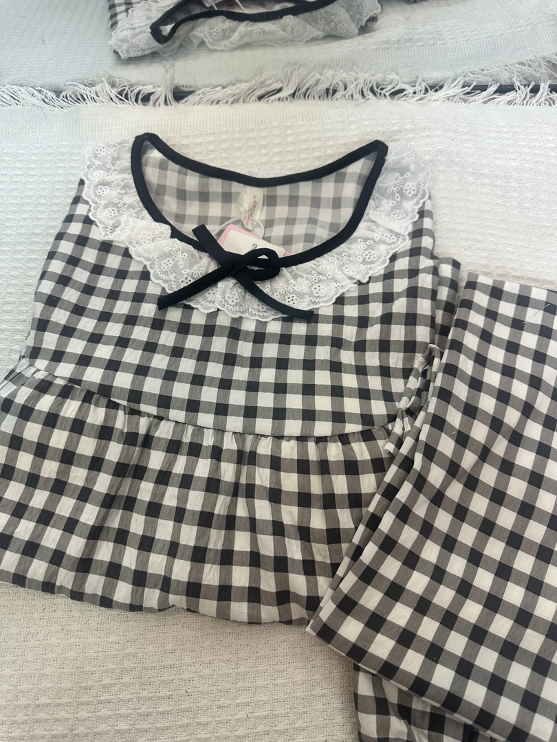 R548带胸垫夏季新款套头千鸟格短袖+短裤+长裤三件套家居服