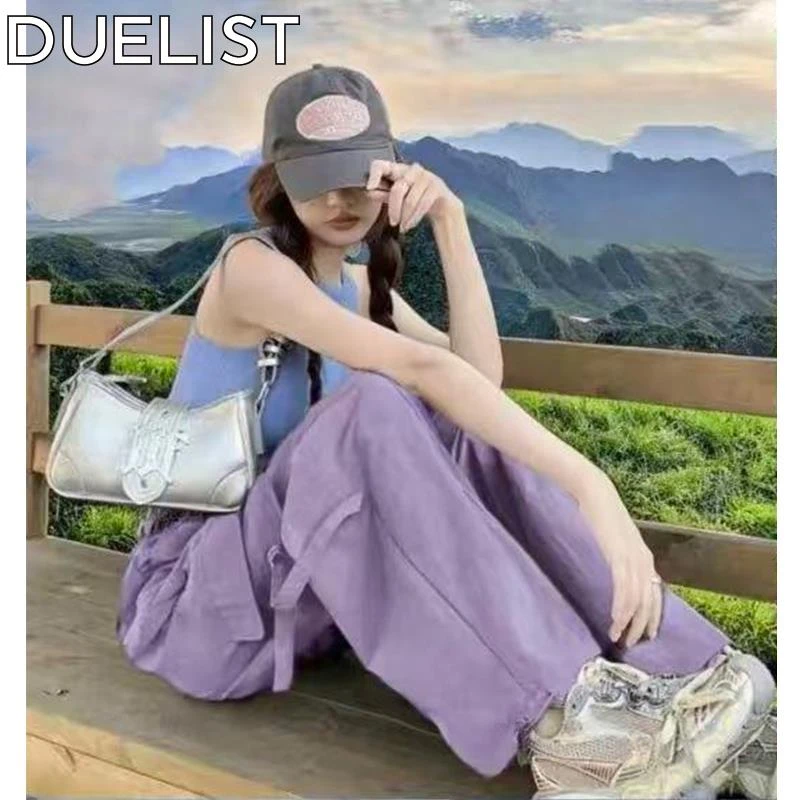DUELIST紫色工装裤女士新款高腰宽松休闲爬山直筒冰丝速干运动裤