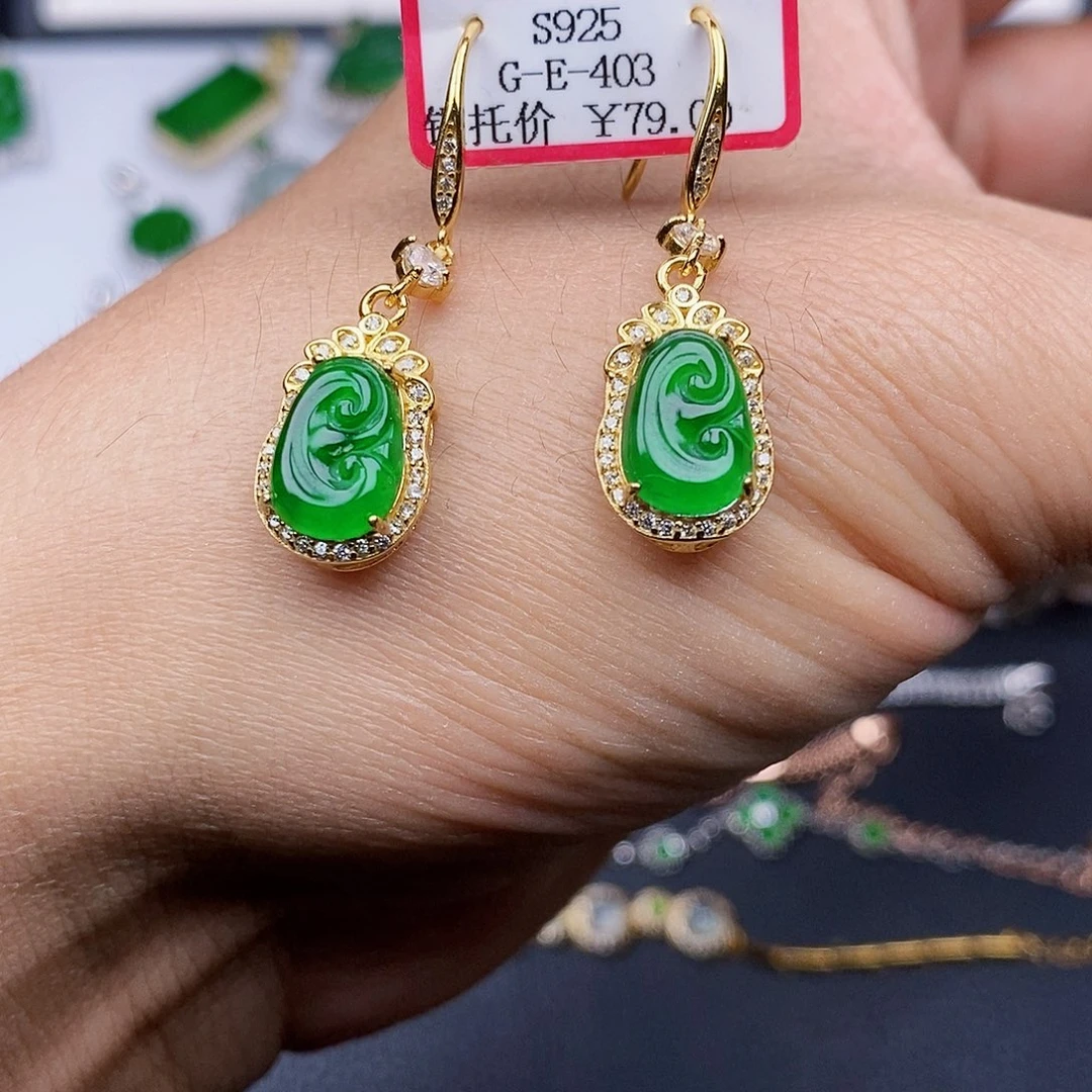 翡翠耳饰银S925镶嵌b b b b b