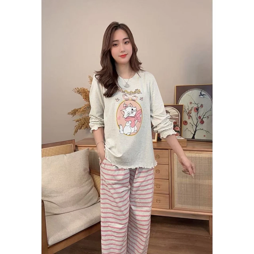 睡衣女秋冬新款纯棉长袖长裤韩版可外穿家居服套装（玛丽猫）