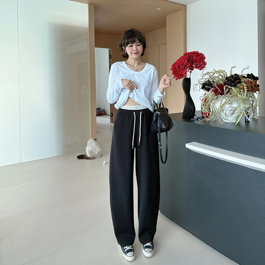 春季窄版高腰松紧腰韩版显瘦百搭纯色长裤卫裤休闲裤