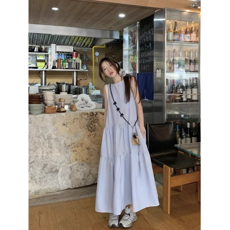 蓝色竖条纹设计感小众无袖背心中长款夏季休闲连衣裙时尚长裙裙子